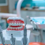 a dentist holding a set of sharp surgical tools next to an open mouth under bright operating room lights.