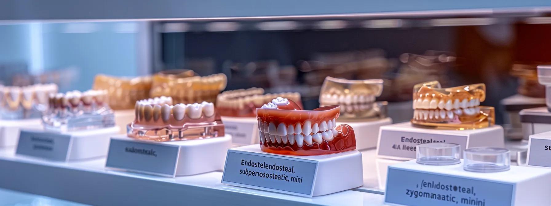 a display of different types of dental implants showcased on a clean, white surface with labels indicating 