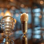 a gleaming dental implant displayed on a reflective surface in a modern dental office in tyler, tx.
