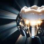 a gleaming dental implant surrounded by healthy, cavity-free teeth.