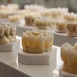 a gleaming display of dental crowns of varying materials and prices on a crisp white countertop.