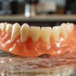 a gleaming set of custom-fit snap-in dentures resting on a polished marble countertop.