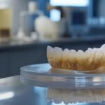 a gleaming set of snap-in dentures displayed on a sleek, modern dental office countertop.