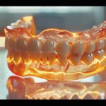 a glistening set of snap-on dentures displayed on a clean, white surface.
