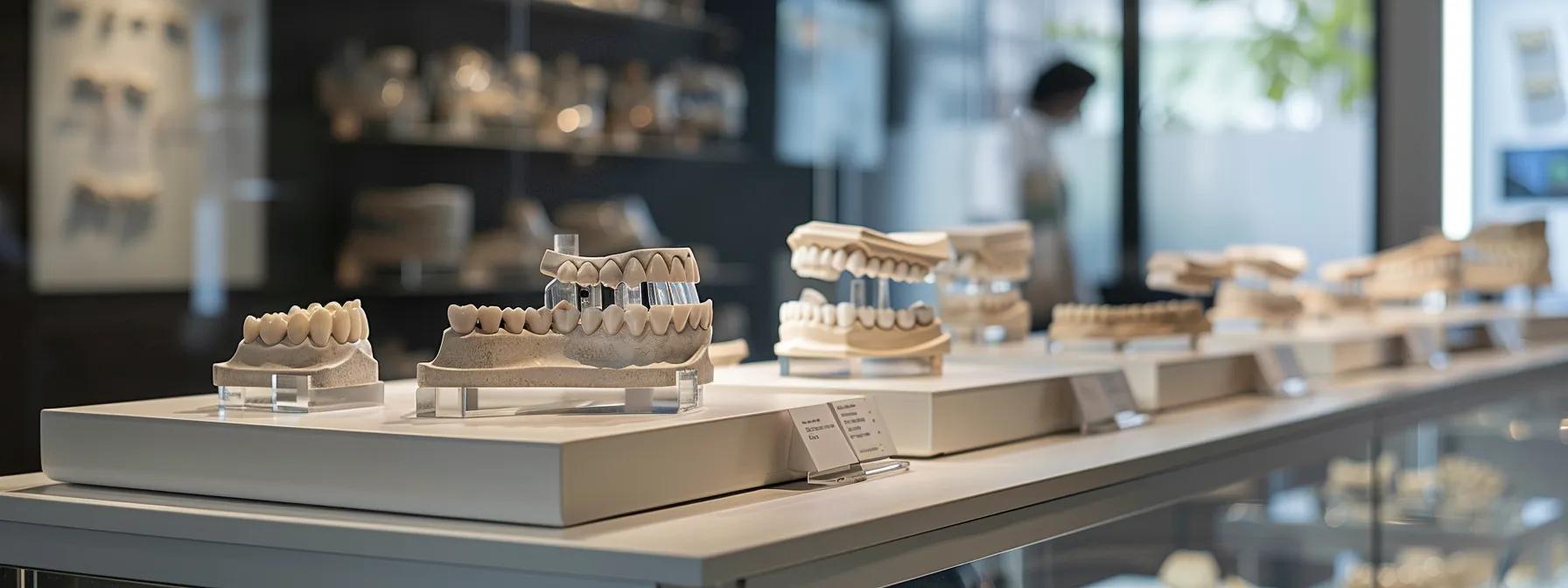 a modern dental clinic display showing a range of high-quality abutments and hybrid systems, illustrating the cost factors of snap-in dentures and dental implants.