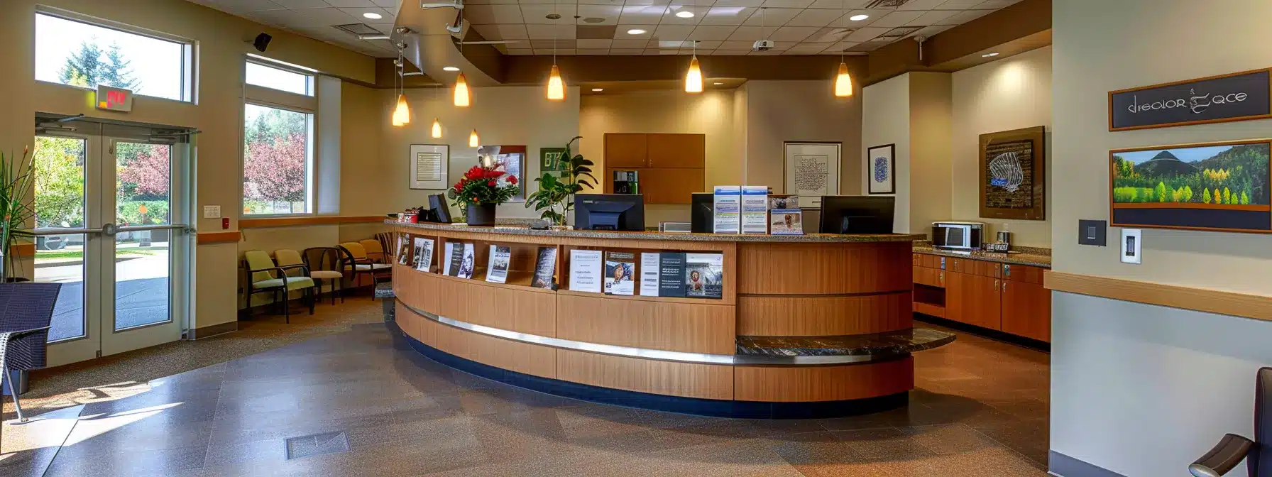 a modern dental clinic reception desk displaying brochures on flexible financing and payment options for dental implants.