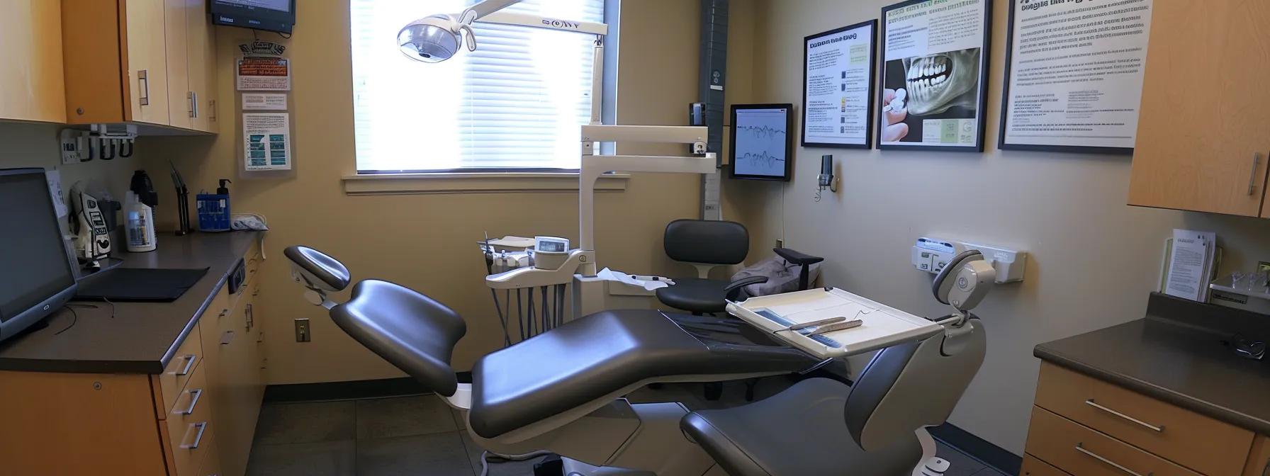 a patient gently holding an ice pack to their cheek while sitting in a dentist's chair, with a dental professional explaining tooth extraction recovery information on a chart.