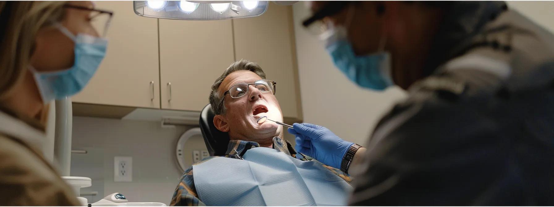 a patient in a dental chair with a look of relief after a root canal procedure in crowley, tx, surrounded by informative podcasts and resources for post-treatment care.