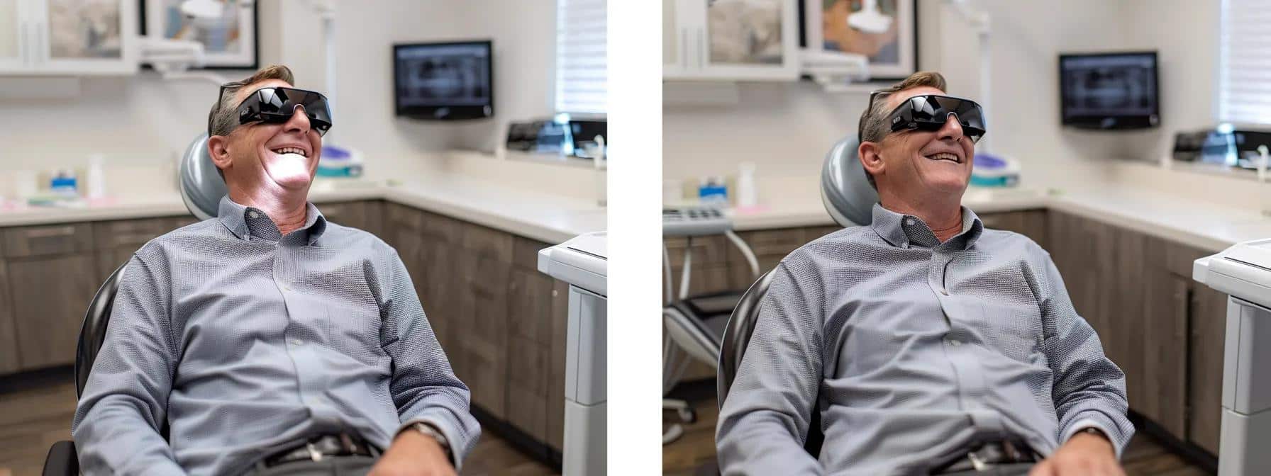 a patient in a dentist's chair, smiling and relaxed after a one-day root canal treatment, surrounded by reassuring dental staff and a calming, bright office setting.