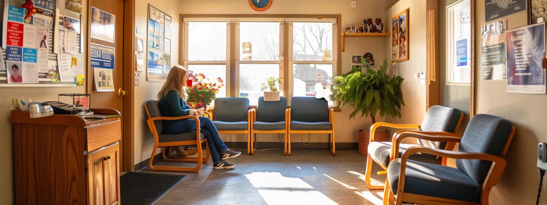 a patient sitting in a cozy dental clinic waiting room surrounded by educational pamphlets, videos, and a supportive community notice board.