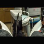 a patient sitting in a dental chair, smiling brightly with a newly restored full mouth of gleaming white teeth.
