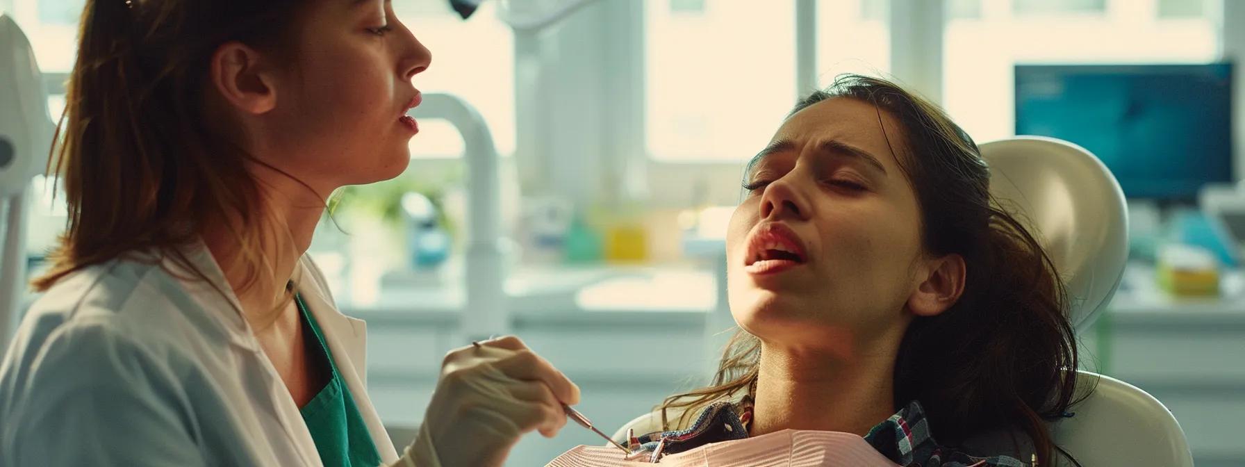 a patient with a sore throat gently rinsing their mouth after a tooth extraction, while a concerned dentist looks on.