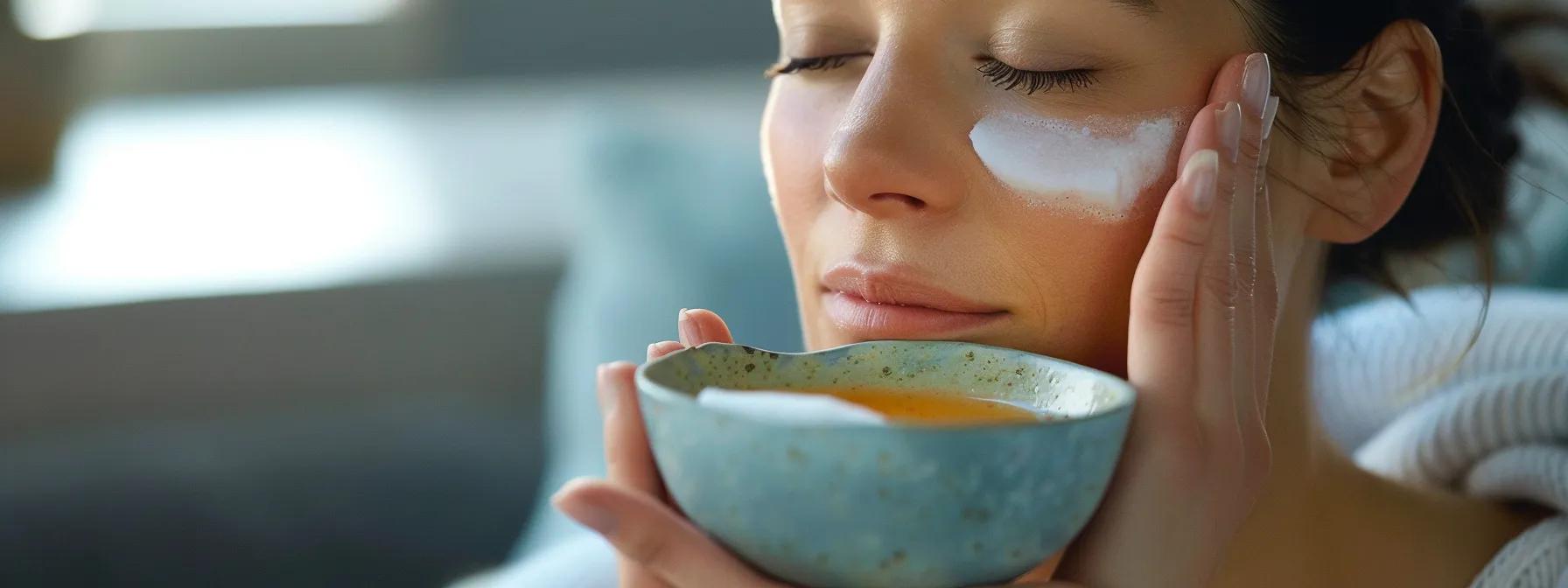 a person gently applying a cold compress to their swollen cheek, while a bowl of nutritious soup sits beside them for a smooth recovery process after tooth extraction.