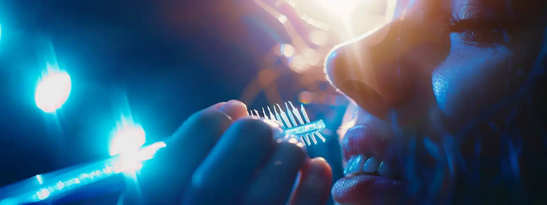 a person gently brushing a sparkling dental implant with a toothbrush to showcase meticulous oral care.