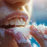 a person gently rinsing their mouth with salt water to care for a freshly extracted tooth.