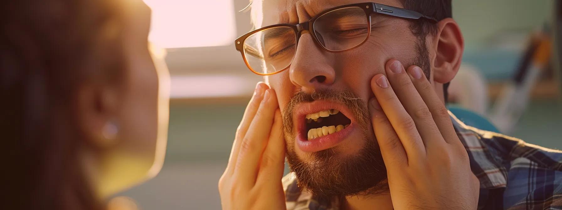 a person grimacing in discomfort while holding their jaw after getting dental implant posts installed.