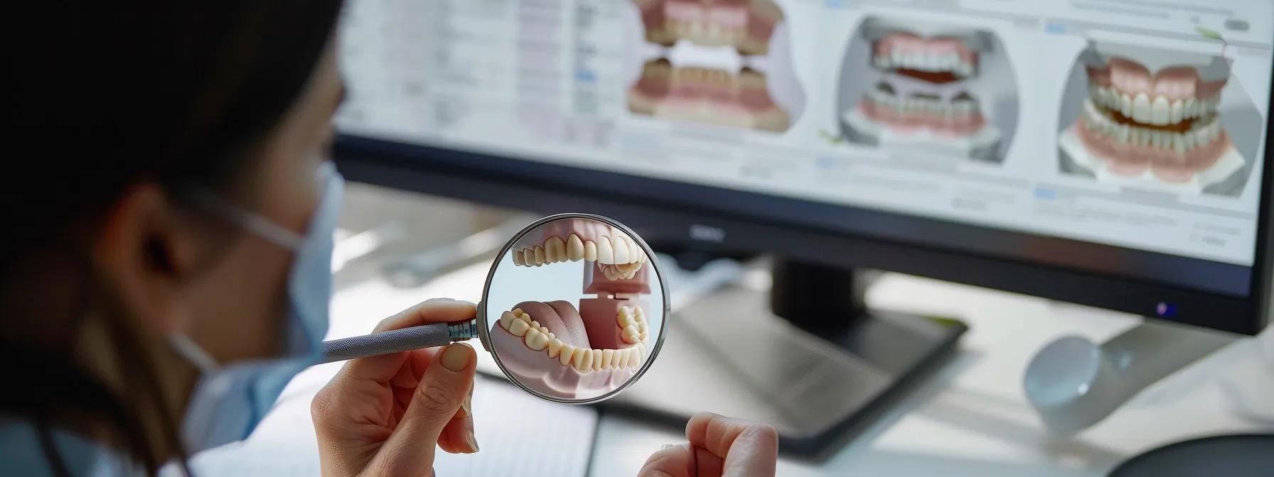 a person holding a magnifying glass over a detailed dental implant model, surrounded by charts and graphs showing different cost factors and considerations.