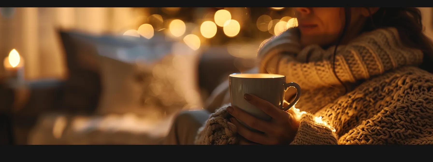 a person holding a warm cup of soothing tea while sitting in a cozy chair with a soft scarf wrapped around their neck, surrounded by gentle lighting.