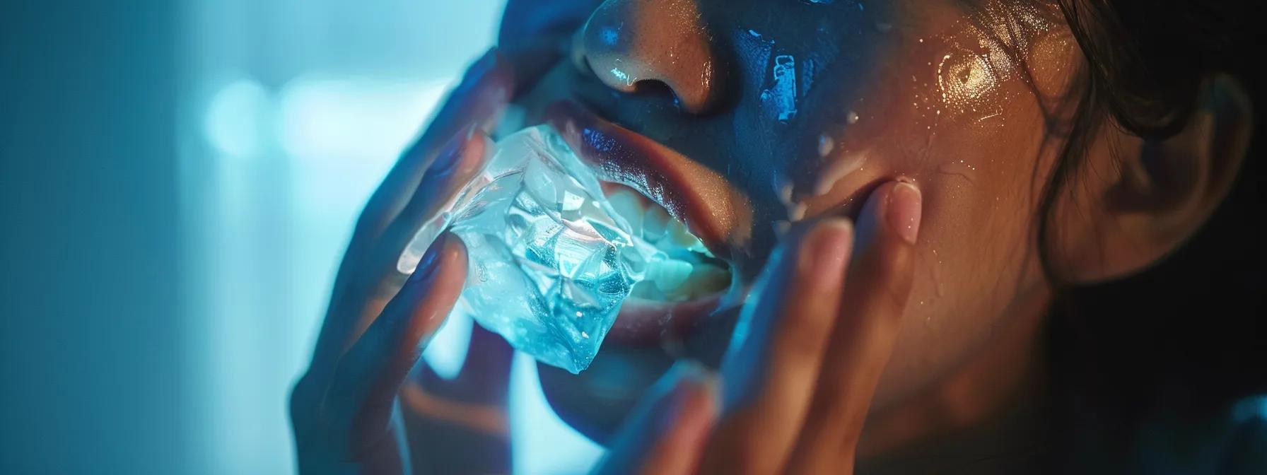 a person holding an ice pack to their cheek while gargling mouthwash, with dental appliances visible in the background.