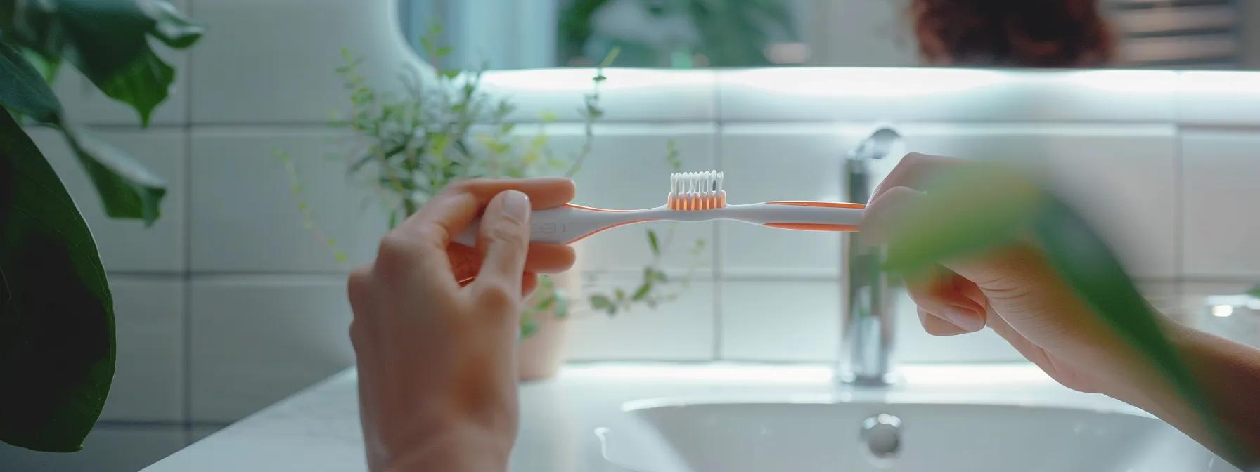 a person peacefully brushing their snap-in dentures in a bright, airy bathroom.