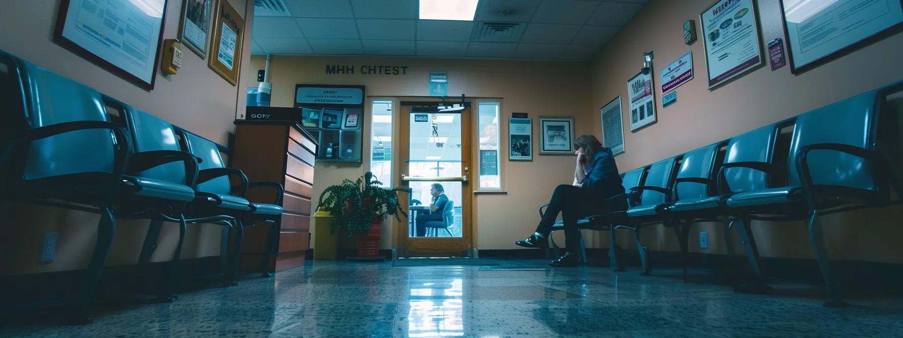 a person sitting in a dental clinic waiting room surrounded by educational pamphlets on root canal pain and treatment options.