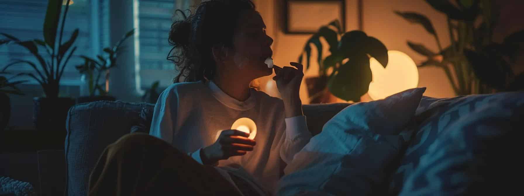 a person sitting on a sofa, holding a small mirror, gently inspecting their mouth for any signs of irritation following a one-day root canal procedure in crowley, tx.