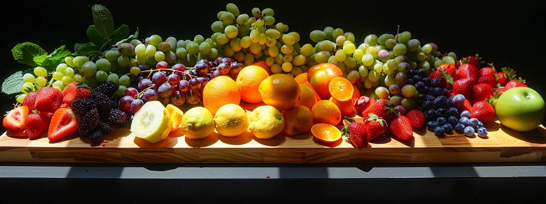 a selection of colorful, fresh fruits and vegetables arranged on a wooden cutting board, showcasing the anti-inflammatory foods that aid in post-tooth extraction pain management.