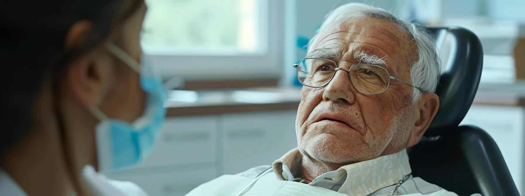 a senior patient sitting in a dentist's chair with a look of contemplation as a dentist discusses the need for a tooth extraction due to advanced gum disease.