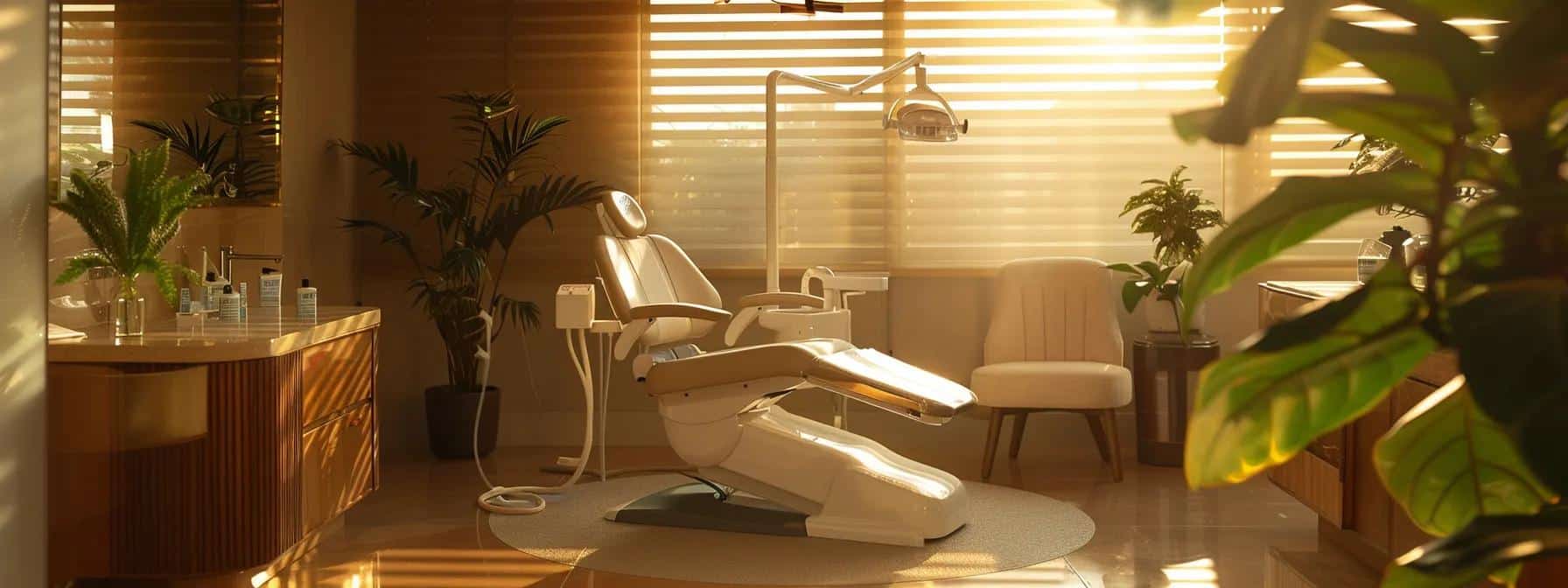 a serene dental clinic awaits, bathed in warm light, with a comforting exam chair and calming decor, inviting patients to seek care for wisdom tooth extraction.