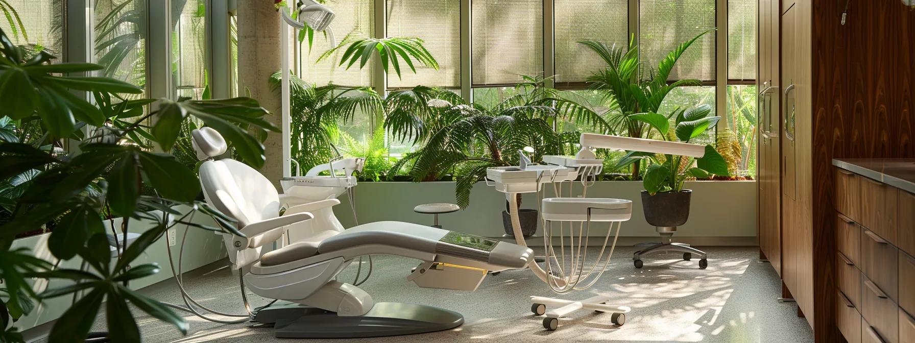 a serene dental clinic bathed in soft natural light, highlighting a patient comfortably reclined in a chair, surrounded by calming green plants, ready for a gentle wisdom tooth extraction.