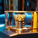 a shiny gold tooth implant on display amidst luxurious dental equipment.