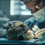 a skilled dentist carefully placing a gleaming titanium dental implant in a patient's jaw in a modern dallas clinic.
