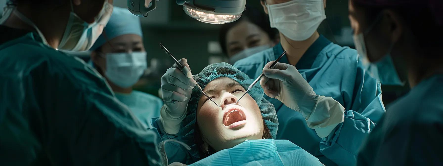 a skilled dentist using advanced technology to perform a successful root canal, with satisfied patients in the background providing positive testimonials.