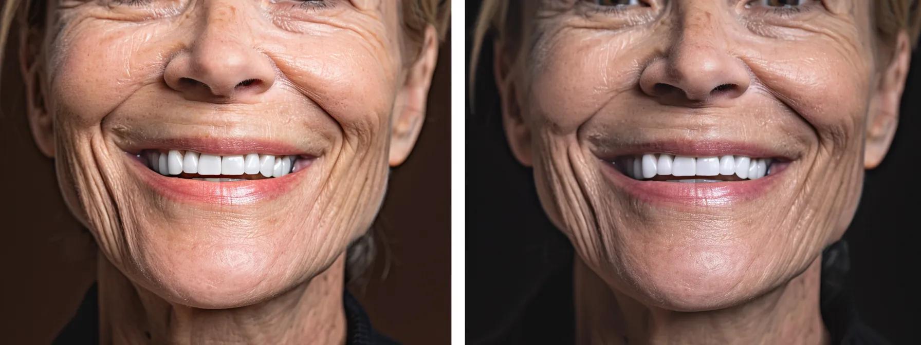 a smiling individual with snap-in dentures, showcasing a secure fit and enhanced appearance of the mouth.