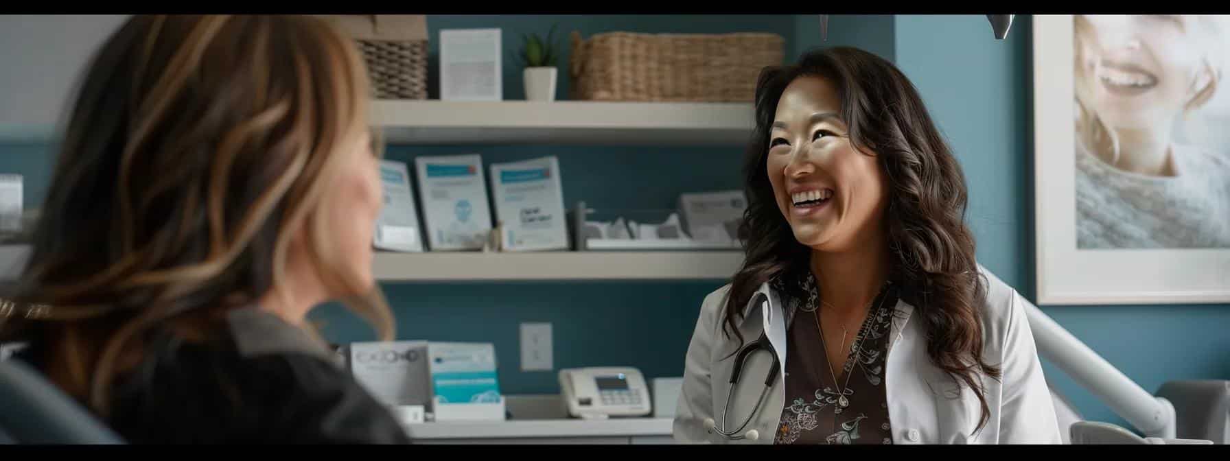 a smiling patient discussing payment options with a dental provider, surrounded by brochures on healthcare credit cards and personal loans.