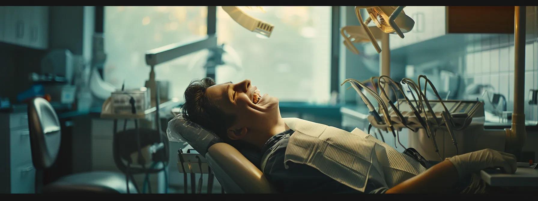 a smiling patient receiving a root canal treatment, surrounded by dental tools and cost-saving promotional offers.