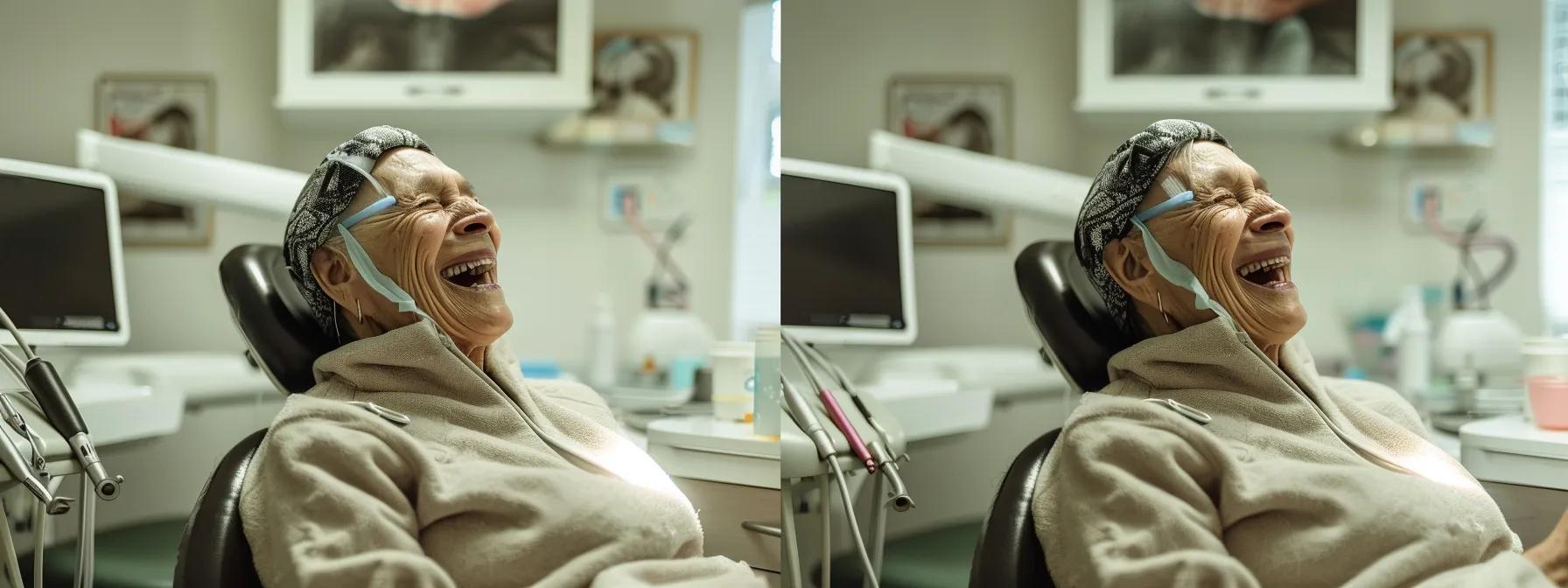 a smiling patient sitting in a dentist chair, surrounded by dental tools, with a sense of relief and comfort evident in their expression and body language.