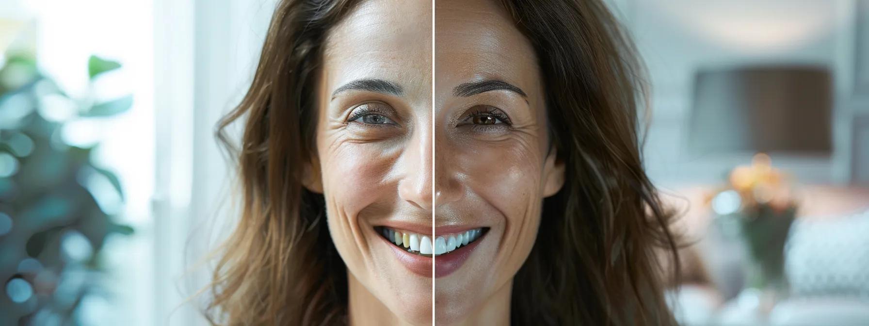 a smiling woman confidently showcasing her restored facial structure and improved appearance after receiving dental implants.