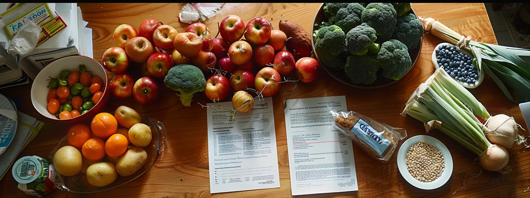 a table filled with budget-friendly, nutrient-rich foods like fruits, vegetables, and grains, with dental insurance papers and gauze nearby.