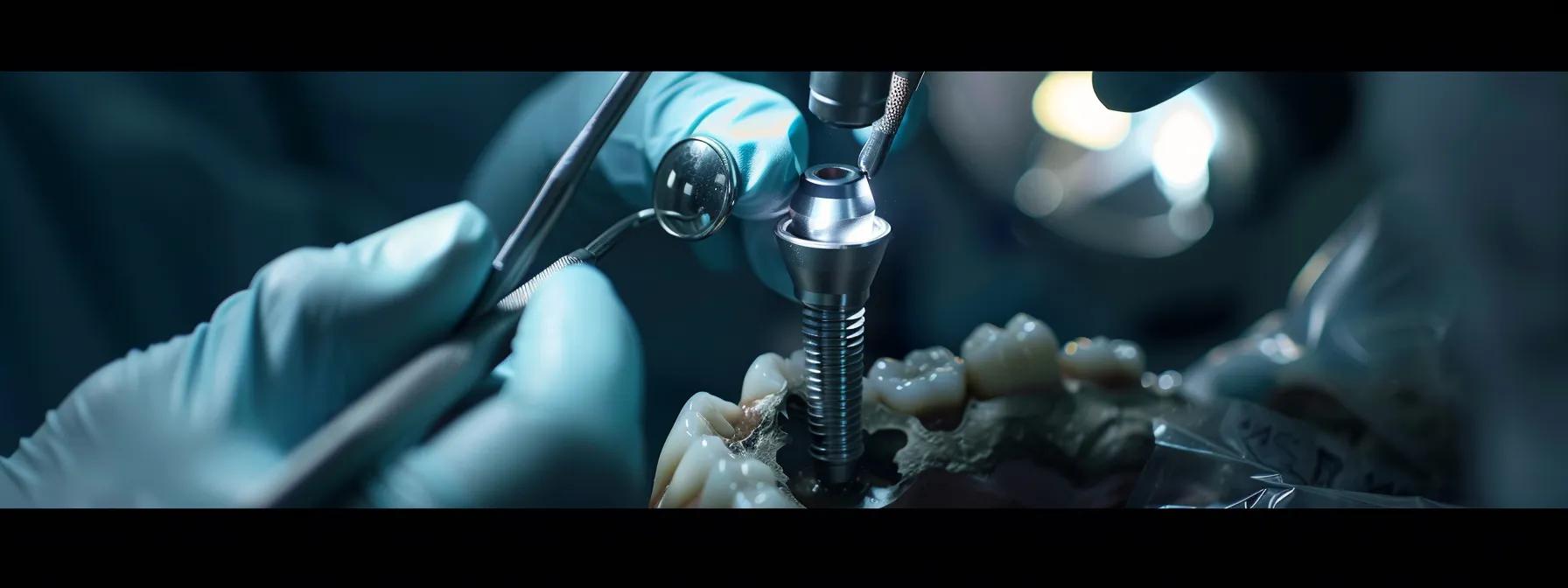 a titanium dental implant being carefully placed into a ready jawbone after a tooth extraction, ensuring stability and integration with the bone.