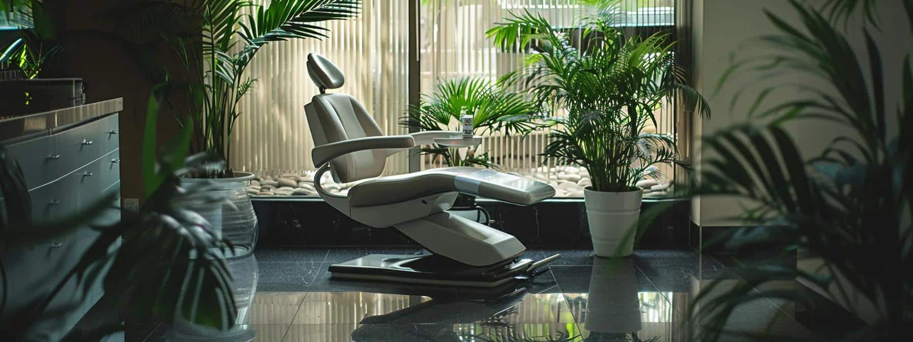 a tranquil dental office filled with natural light, featuring an inviting examination chair and a serene view of green plants, symbolizing a comforting environment for wisdom tooth extraction.