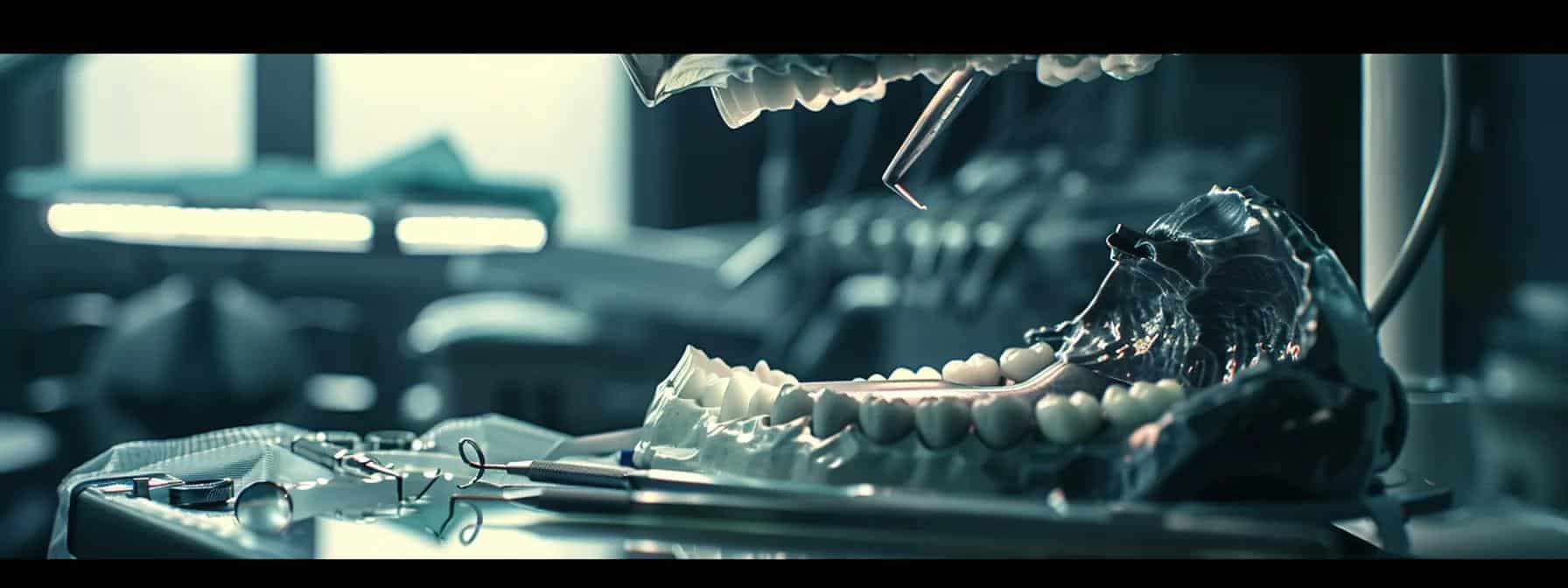 a close-up photo of a dental implant removal procedure showing a blurred background of intricate dental tools and equipment, highlighting the delicate procedure and potential risks involved.