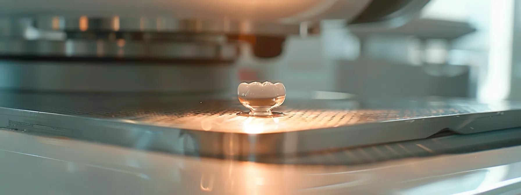 a close-up of a shiny, affordable dental implant resting on a pristine white dental tray.