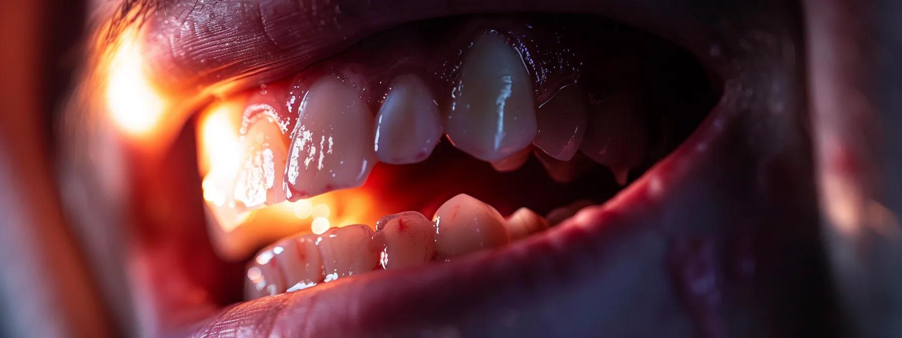 a close-up photo of a person inspecting their swollen and inflamed gums, showing signs of potential complications with a dental implant.