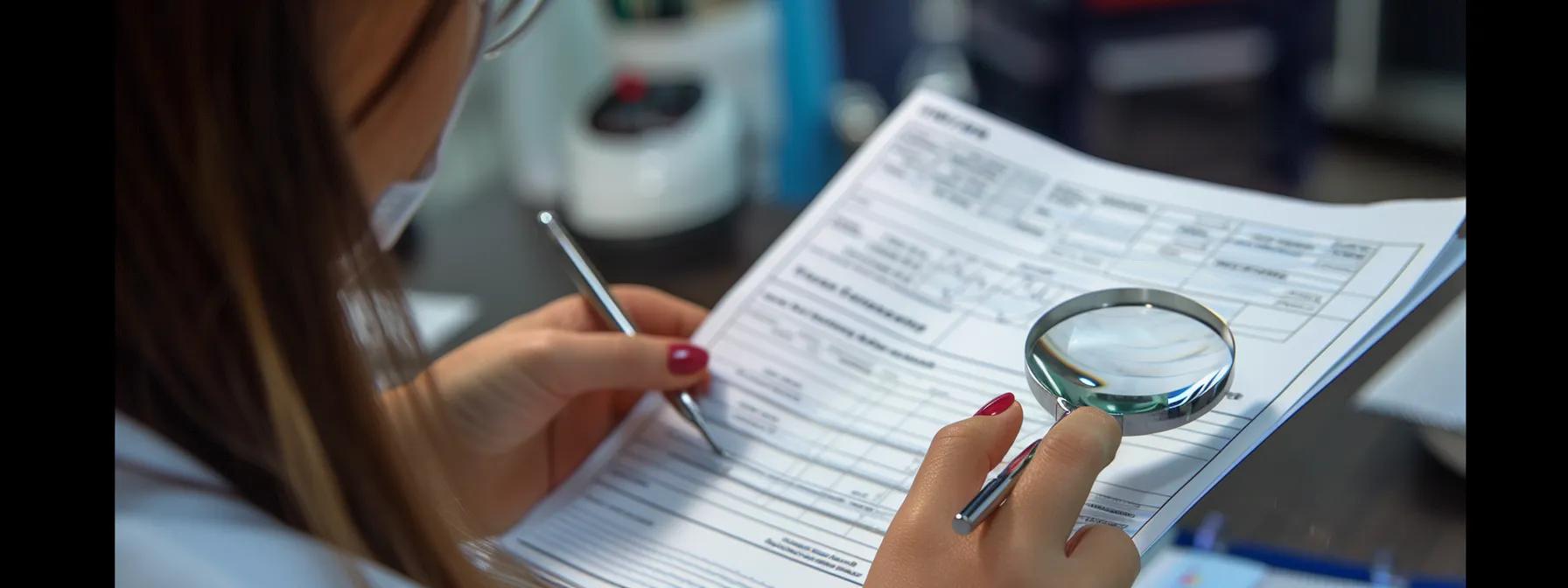 a dental assistant holding a magnifying glass, examining a detailed chart of root canal costs in a brightly lit clinic in crowley, tx.