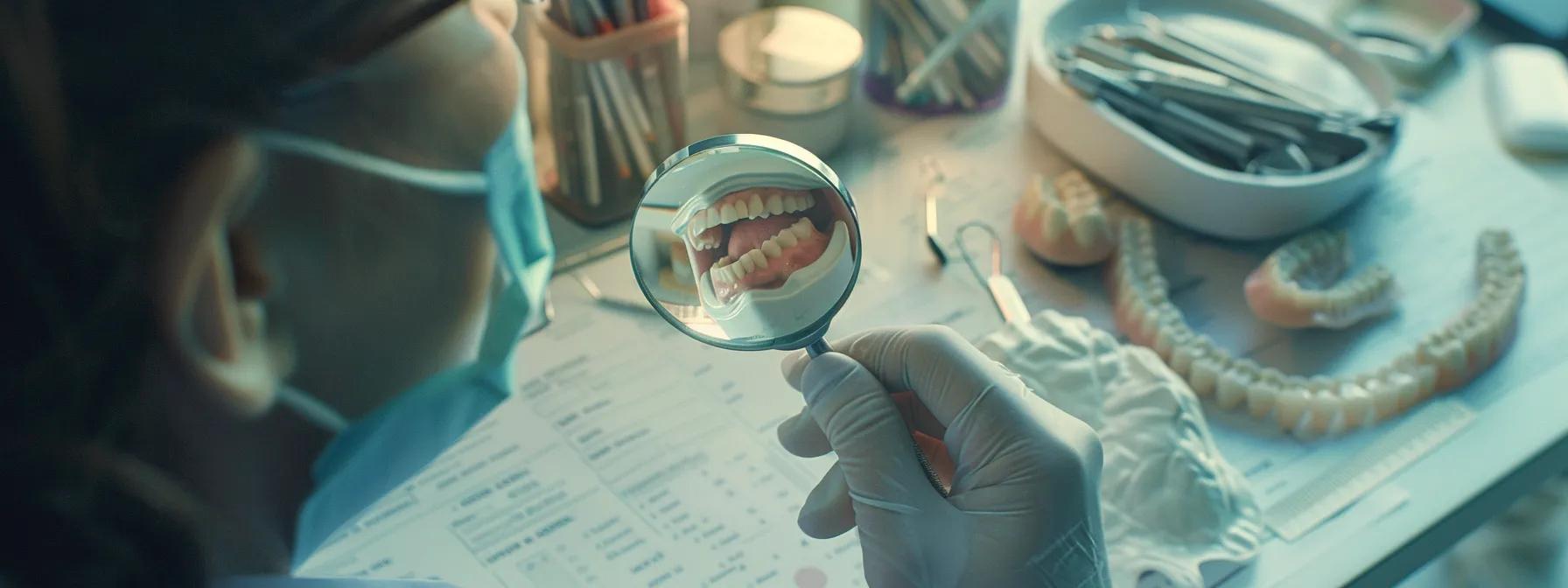 a patient holding a magnifying glass, examining a detailed breakdown of dental insurance coverage for implants with various financing options in the background.