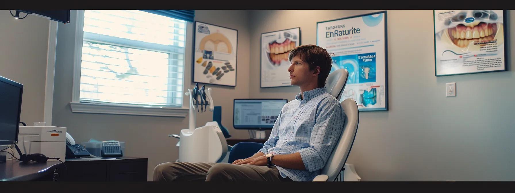 a patient sitting in a modern dental office, contemplating between a general dentist and an endodontist, surrounded by informative posters about root canal treatments.