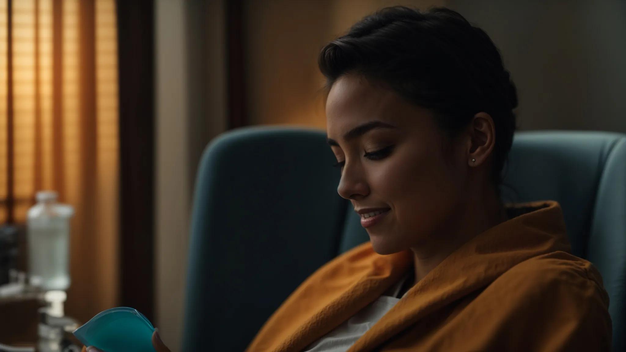 a person holding a pill bottle and ice pack, sitting in a cozy chair with a gentle smile, surrounded by dental tools and equipment, showcasing comfort and effective pain management after dental implant surgery.