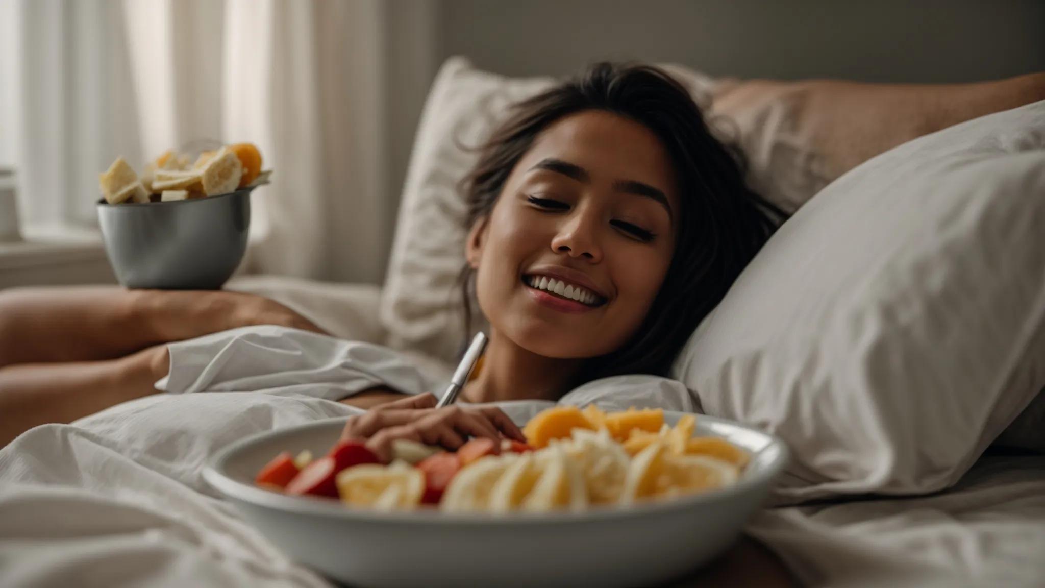 a person peacefully resting on a soft pillow, with a gentle smile, surrounded by a bowl of soft foods and a toothbrush, promoting a smooth recovery after dental surgery.