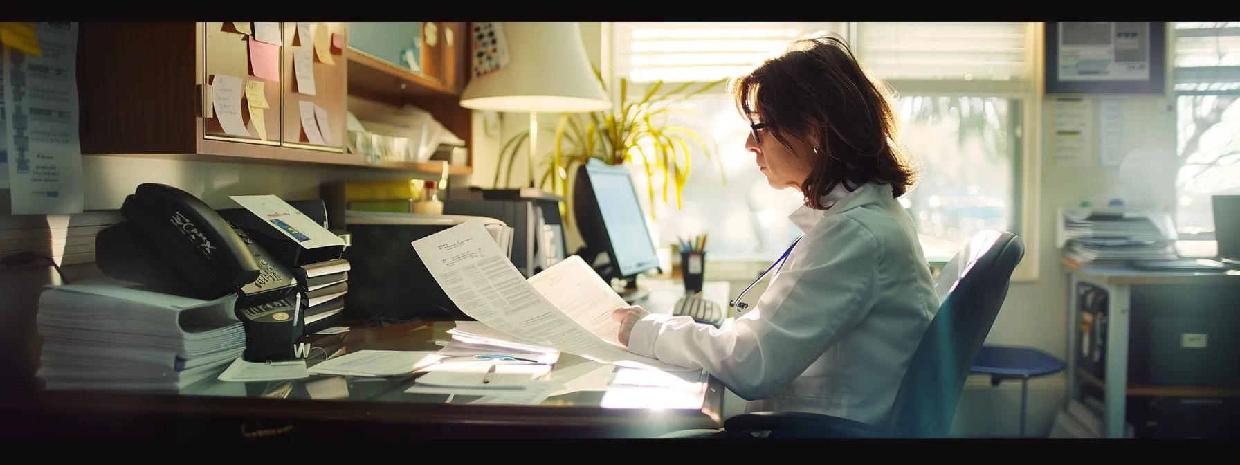 a person sitting at a desk, surrounded by paperwork and medical records, discussing treatment options with a healthcare provider in a bright, clinical office setting.